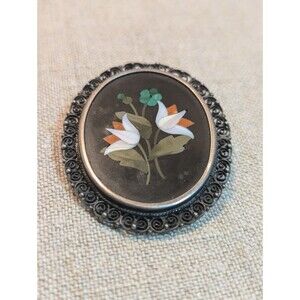 1860 C. Inlaid Hardstone Pietra Dura Brooch/Pendant 800 Silver